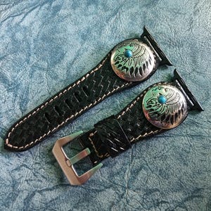 Western Watchband Leather Watch Strap Tooled Leather Carved Floral Watch Band Turquoise Compatible With Apple Watch Fits 42mm 44mm 45mm