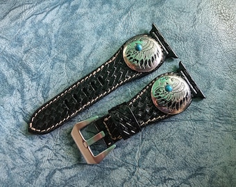 Western Watchband Leather Watch Strap Tooled Leather Carved Floral Watch Band Turquoise Compatible With Apple Watch Fits 42mm 44mm 45mm