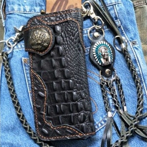 Carteira de couro estilo motociclista com corrente, carteira masculina dobrável, feita à mão, com cordão de couro, carteira longa, presente de motociclista para formatura, presente para homens, presente para ele