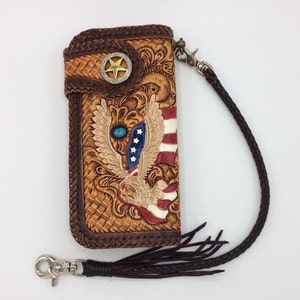 Cartera de motociclista de cuero tallado para hombre, billetera plegable de cuero con águila y cadena, billetera de vaquero occidental, regalo para él, regalo para hombres, regalo para papá