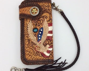 Carved Leather Mens Biker Wallet Chain Eagle Tooled Leather Bifold