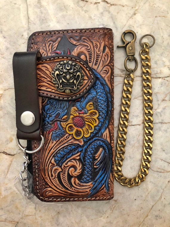 Carved Leather Mens Biker Wallet Chain Dragon Tooled Leather