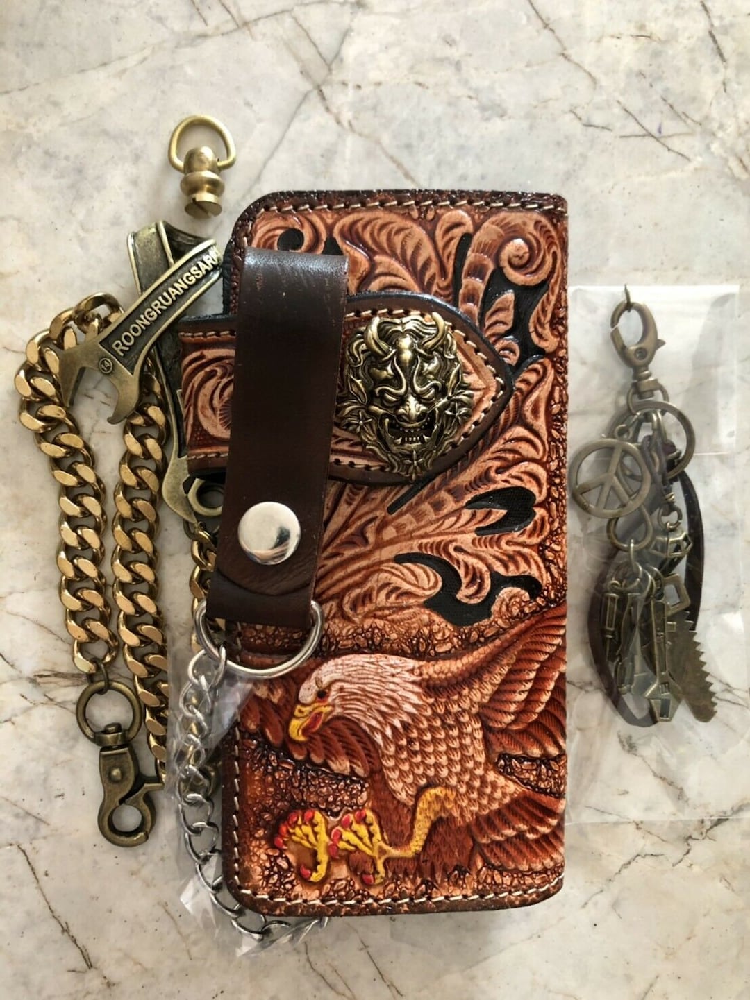 Carved Leather Biker Wallet Chain Eagle Carved Wallet Bifold Western ...