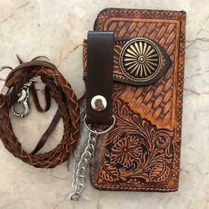 Geschnitzte Leder Herren Biker Brieftasche Kette Floral punziert Leder Bifold Brieftasche Western Cowboy Brieftasche Geschenk für ihn Geschenk für Männer Geschenk für Papa