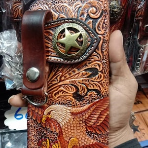 Carved Leather Biker Wallet Eagle Carved Wallet Bifold Wallet Western Cowboy Wallet Anniversary Gift for Him Gift for Men,Gift for Dad