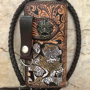 Geschnitzte Leder Herren Biker Brieftasche Kette Dämon punziert Leder Bifold Brieftasche Western Cowboy Brieftasche Geschenk für ihn Geschenk für Männer Geschenk für Papa