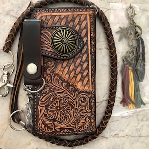 Cartera de motociclista de cuero tallado para hombre, billetera plegable de cuero con diseño floral, billetera estilo vaquero occidental, regalo para él, regalo para hombre, regalo para papá.
