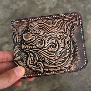 Handmade Carved Leather Wallet Demon Wallet Western Cowboy Bifold Mens Wallet Tooled Leather Wallet Gift for Him Gift for Men Gift for Dad