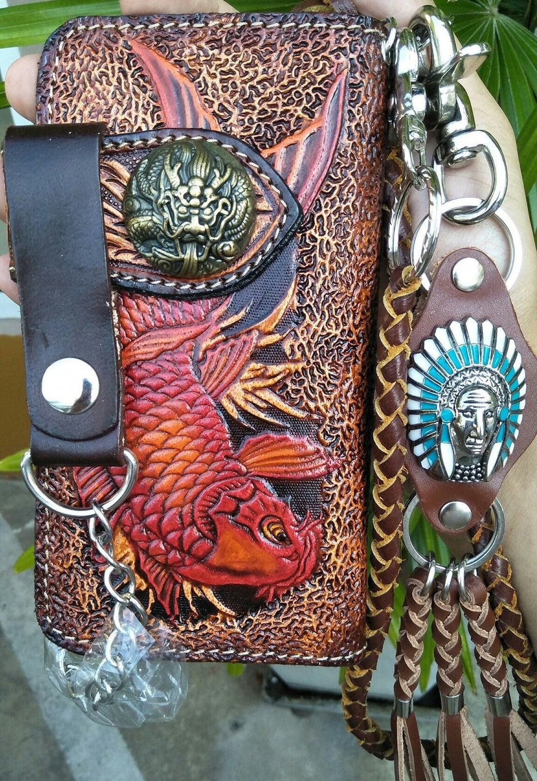 Carved Leather Mens Biker Wallet Chain Carp Fish Tooled Leather Bifold ...