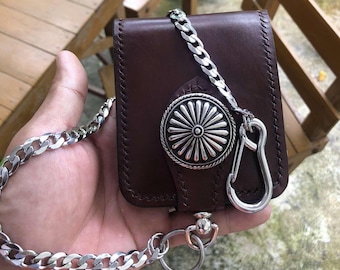 レザーバイカーウォレットチェーン メンズ二つ折り財布 ハンドメイド