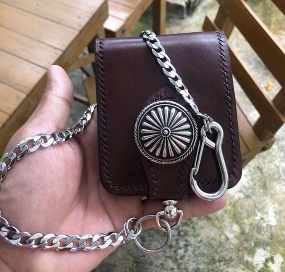 レザーバイカーウォレットチェーン メンズ二つ折り財布 ハンドメイド