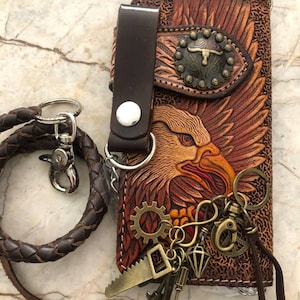 Geschnitzte Leder Herren Biker Brieftasche Kette Adler punziert Leder Bifold Brieftasche Western Cowboy Brieftasche Geschenk für ihn Geschenk für Männer Geschenk für Papa