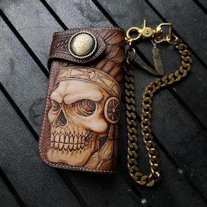 Geschnitzte Leder Herren Biker Brieftasche Kette Schädel punziert Leder Bifold Brieftasche Western Cowboy Brieftasche Geschenk für ihn Geschenk für Männer Geschenk für Papa