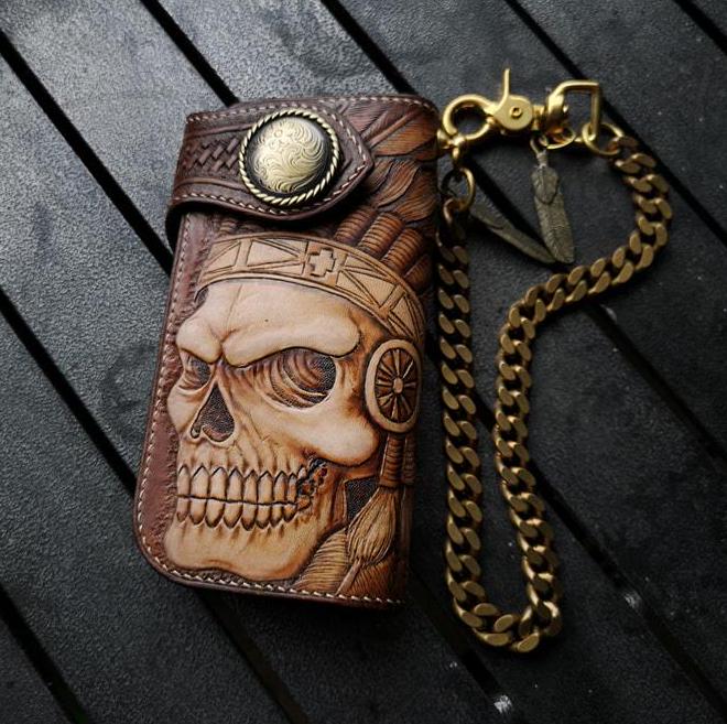 Carved Leather Mens Biker Wallet Chain Skull Tooled Leather Bifold