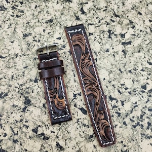 Western Watchband Custom Leather Watch Strap Tooled Leather Watch Strap Carved Floral Watch Band 24mm 22mm 20mm 19mm 18mm Gift For Him