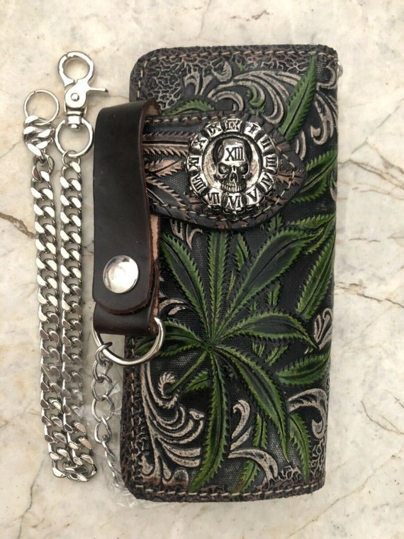 Carved Leather Mens Biker Wallet Chain Floral Tooled Leather