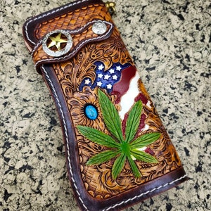 Cartera de motociclista de cuero tallado para hombre, billetera plegable de cuero con diseño floral, billetera estilo vaquero occidental, regalo para él, regalo para hombre, regalo para papá.