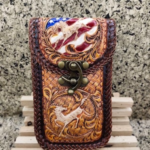 Western Leather Phone Case For Belt  Carved Leather Handmade Tooled Leather Cell Phone Holder Leather Gift for Him Gift for Men Gift for Dad