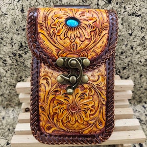 Western Leather Phone Case For Belt  Carved Leather Handmade Tooled Leather Cell Phone Holder Leather Gift for Him Gift for Men Gift for Dad
