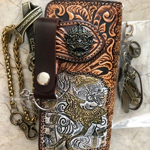 Geschnitzte Leder Herren Biker Brieftasche Kette Dämon punziert Leder Bifold Brieftasche Western Cowboy Brieftasche Geschenk für ihn Geschenk für Männer Geschenk für Papa