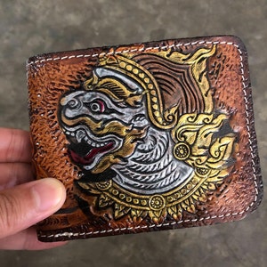 Handmade Carved Leather Wallet Demon Wallet Western Cowboy Bifold Mens Wallet Tooled Leather Wallet Gift for Him Gift for Men Gift for Dad