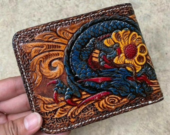 Handmade Carved Leather Wallet Dragon Wallet Western Cowboy Bifold Mens Wallet Tooled Leather Wallet Gift for Him Gift for Men Gift for Dad