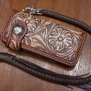 Cartera de motociclista de cuero tallado para hombre, billetera plegable de cuero con diseño floral, billetera estilo vaquero occidental, regalo para él, regalo para hombre, regalo para papá.