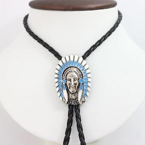 Southwestern Indigenous Chief Bolo Tie Leather Cowboy Necktie Accessories Mens Necklace Leather Cord Woven Gift For Him Gift For Dad