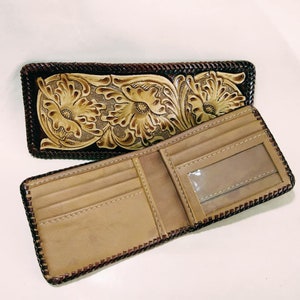 Cartera de cuero tallada a mano, cartera floral, cartera plegable estilo vaquero occidental para hombre, cartera de cuero repujado, regalo para él, regalo para hombre, regalo para papá