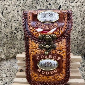 Western Leather Phone Case For Belt  Carved Leather Handmade Tooled Leather Cell Phone Holder Leather Gift for Him Gift for Men Gift for Dad