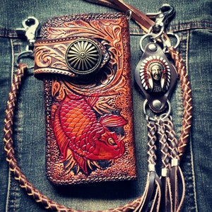 Geschnitzte Leder Herren Biker Brieftasche Kette Karpfen Fisch Punzierte Leder Bifold Brieftasche Western Cowboy Brieftasche Geschenk für ihn Geschenk für Männer Geschenk für Papa