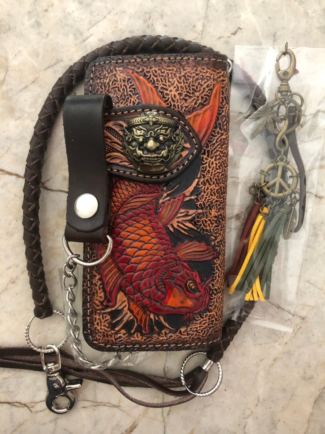 Carved Leather Mens Biker Wallet Chain Carp Fish Tooled Leather Bifold ...