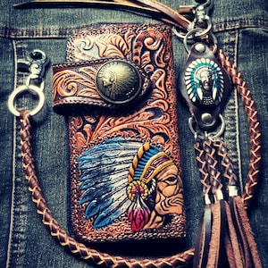 Portafoglio da motociclista da uomo in pelle intagliata con catena, portafoglio bifold in pelle lavorata da capo indigeno, portafoglio da cowboy western, regalo per lui, regalo per uomo