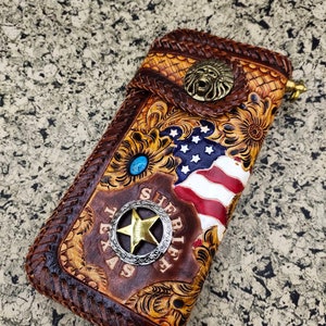 Carteira de couro esculpida masculina estilo motociclista, corrente, couro com estampa floral, carteira dobrável estilo cowboy, presente para ele, presente para homens, presente para o pai