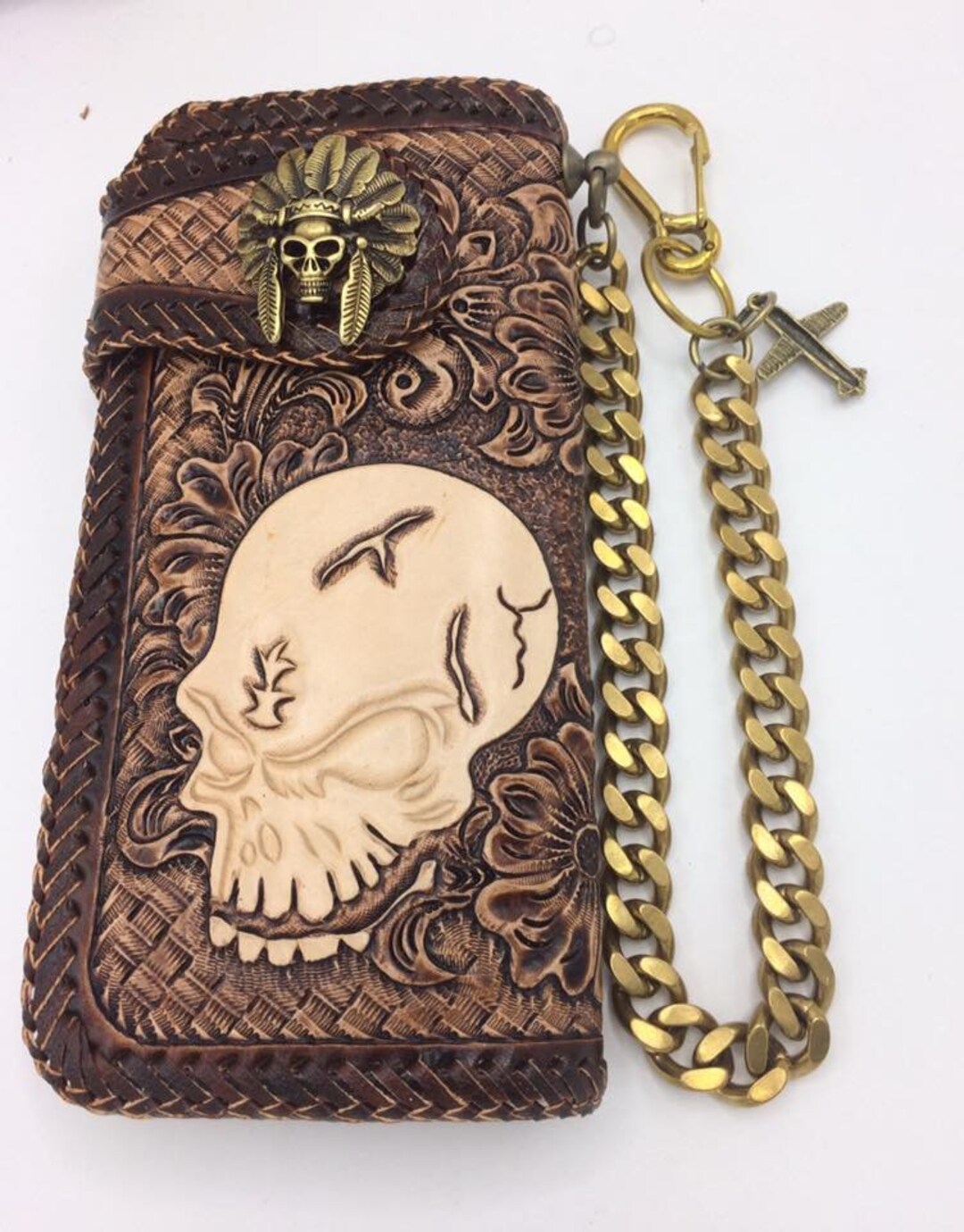 Carved Leather Mens Biker Wallet Chain Skull Tooled Leather Bifold