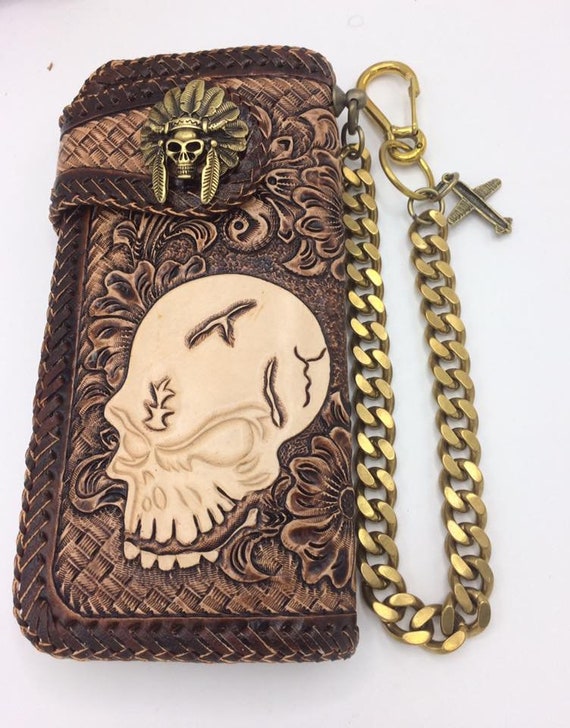 Carved Leather Mens Biker Wallet Chain Skull Tooled Leather Bifold