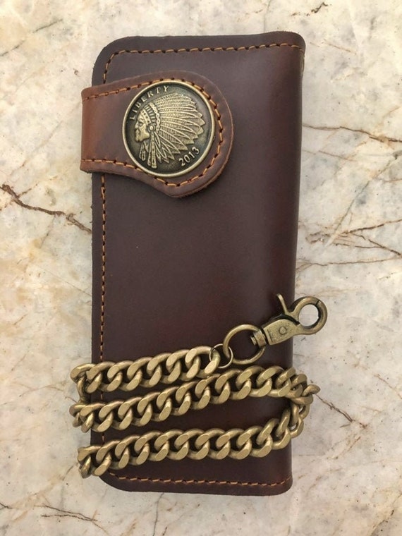 men/'s genuine leather bifold chain wallet motorcycle trucker biker Black wallet