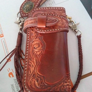 Cartera de motociclista de cuero tallado para hombre, billetera plegable de cuero con diseño floral, billetera estilo vaquero occidental, regalo para él, regalo para hombre, regalo para papá.