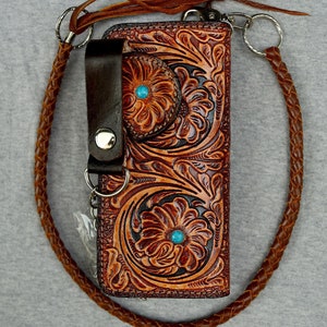 Geschnitzte Leder Herren Biker Brieftasche Kette Floral punziert Leder Bifold Brieftasche Western Cowboy Brieftasche Geschenk für ihn Geschenk für Männer Geschenk für Papa