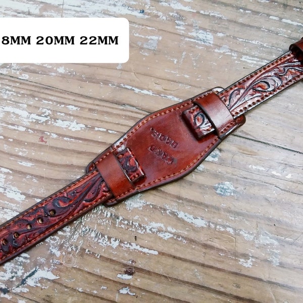 Carved Leather Watch Strap Handmade Hand Tooled Strap Watch Custom Watch Western Cowboy Anniversary Gift for Him Gift for Men Gift for Dad