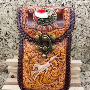 Western Leather Phone Case For Belt  Carved Leather Handmade Tooled Leather Cell Phone Holder Leather Gift for Him Gift for Men Gift for Dad