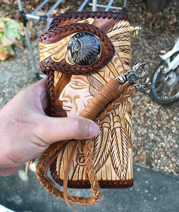 Carved Leather Mens Biker Wallet Chain Indigenous Chief Tooled