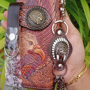Geschnitzte Leder Herren Biker Brieftasche Kette Adler punziert Leder Bifold Brieftasche Western Cowboy Brieftasche Geschenk für ihn Geschenk für Männer Geschenk für Papa