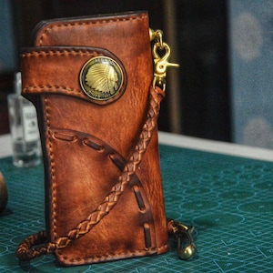 Cartera de cuero estilo motero con cadena para hombre, billetera plegable hecha a mano con cordón de cuero, billetera larga, regalo para motero, regalo para graduado, regalo para hombre, regalo para él.