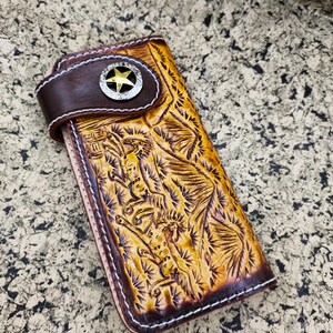 Cartera de motociclista de cuero tallado para hombre, billetera plegable de cuero con diseño floral, billetera estilo vaquero occidental, regalo para él, regalo para hombre, regalo para papá.