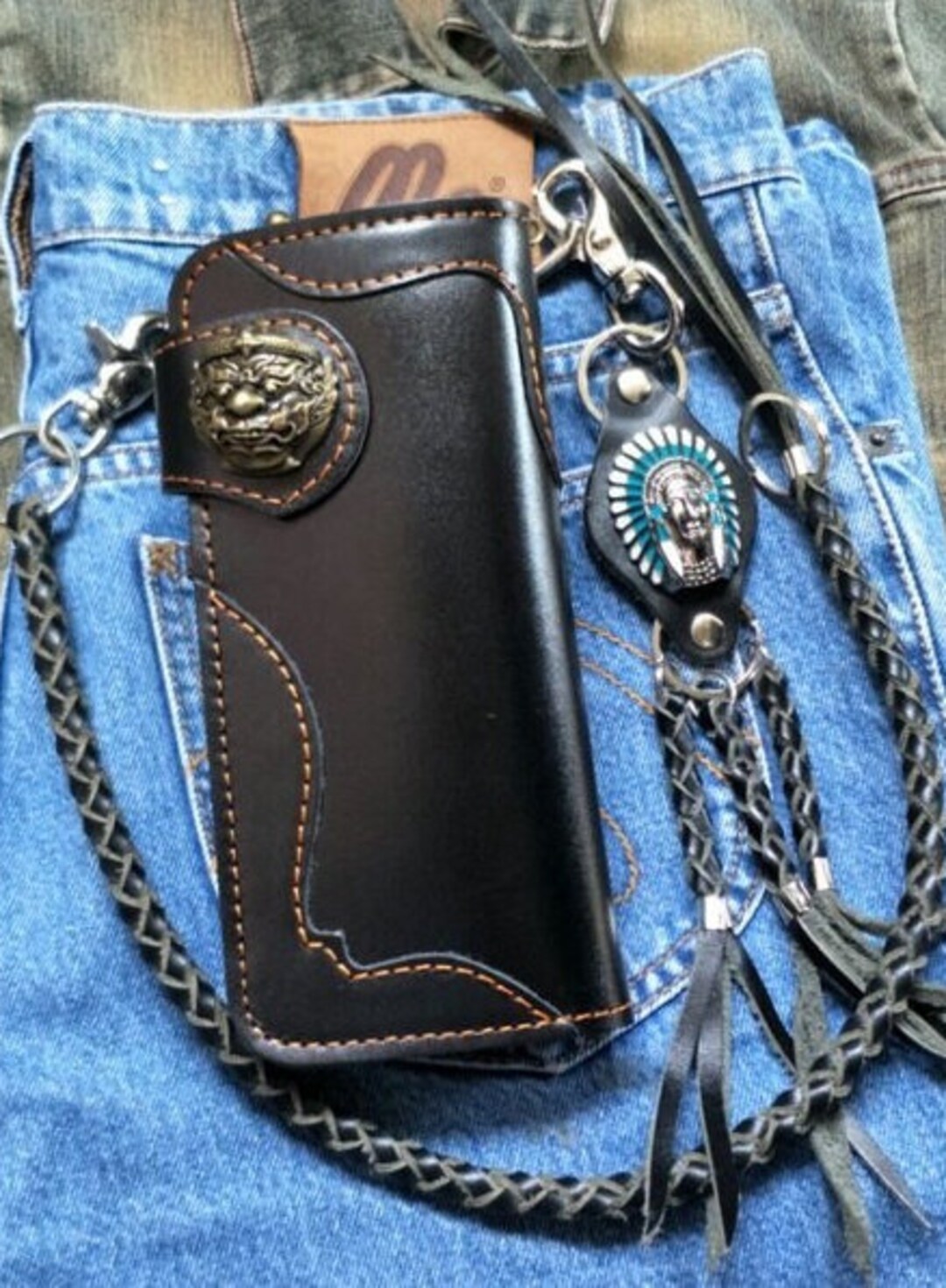 Leather Biker Wallet Chain Mens Bifold Wallet Handmade Leather