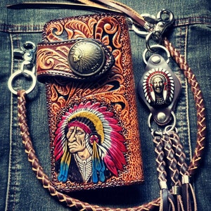 Geschnitzte Leder Herren Biker Brieftasche Kette Indigener Häuptling Punzierte Leder Bifold Brieftasche Western Cowboy Brieftasche Geschenk für Ihn Geschenk für Männer