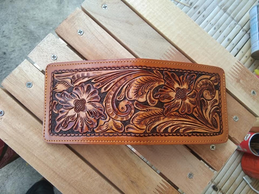Carved Leather Mens Wallet Flower Carved Wallet Bifold Wallet - Etsy