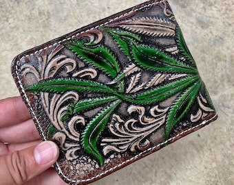 Handmade Carved Leather Wallet Floral Wallet Western Cowboy Bifold Mens Wallet Tooled Leather Wallet Gift for Him Gift for Men Gift for Dad