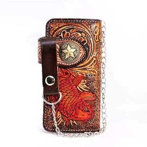 Geschnitzte Leder Herren Biker Brieftasche Kette Karpfen Fisch Punzierte Leder Bifold Brieftasche Western Cowboy Brieftasche Geschenk für ihn Geschenk für Männer Geschenk für Papa